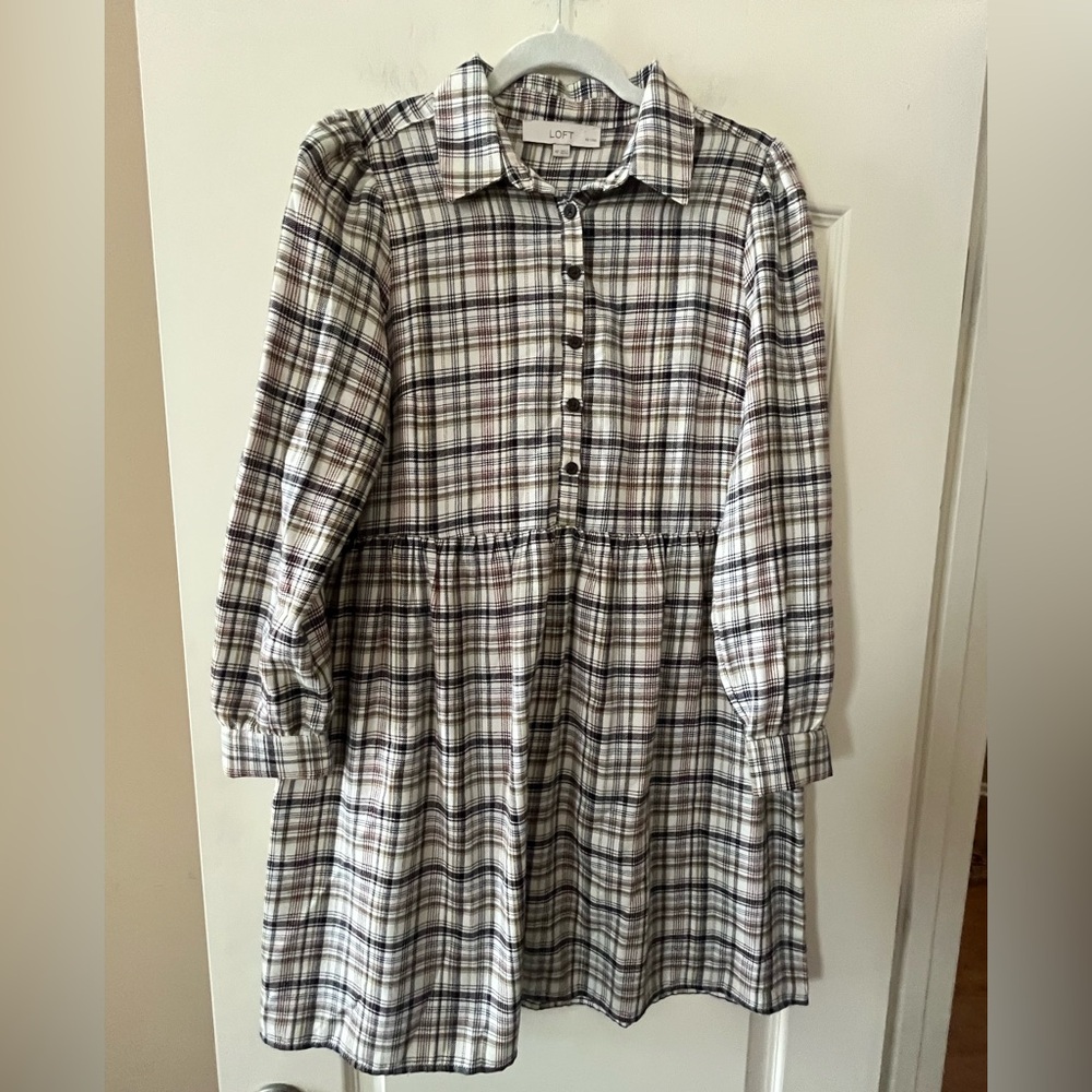 LOFT Designer Plaid Button-Front Dress with Long Sleeves Women’s Size Medium